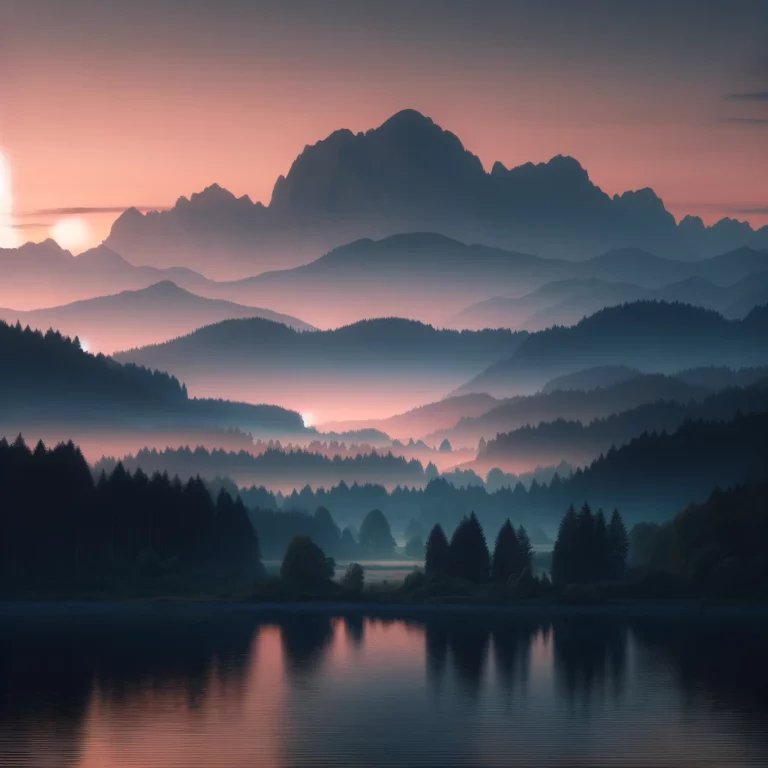 Here's the image of the tranquil and mysterious landscape at sunrise, capturing the soft hues of pink and orange in the sky with the mountain range, forest, and lake as described.